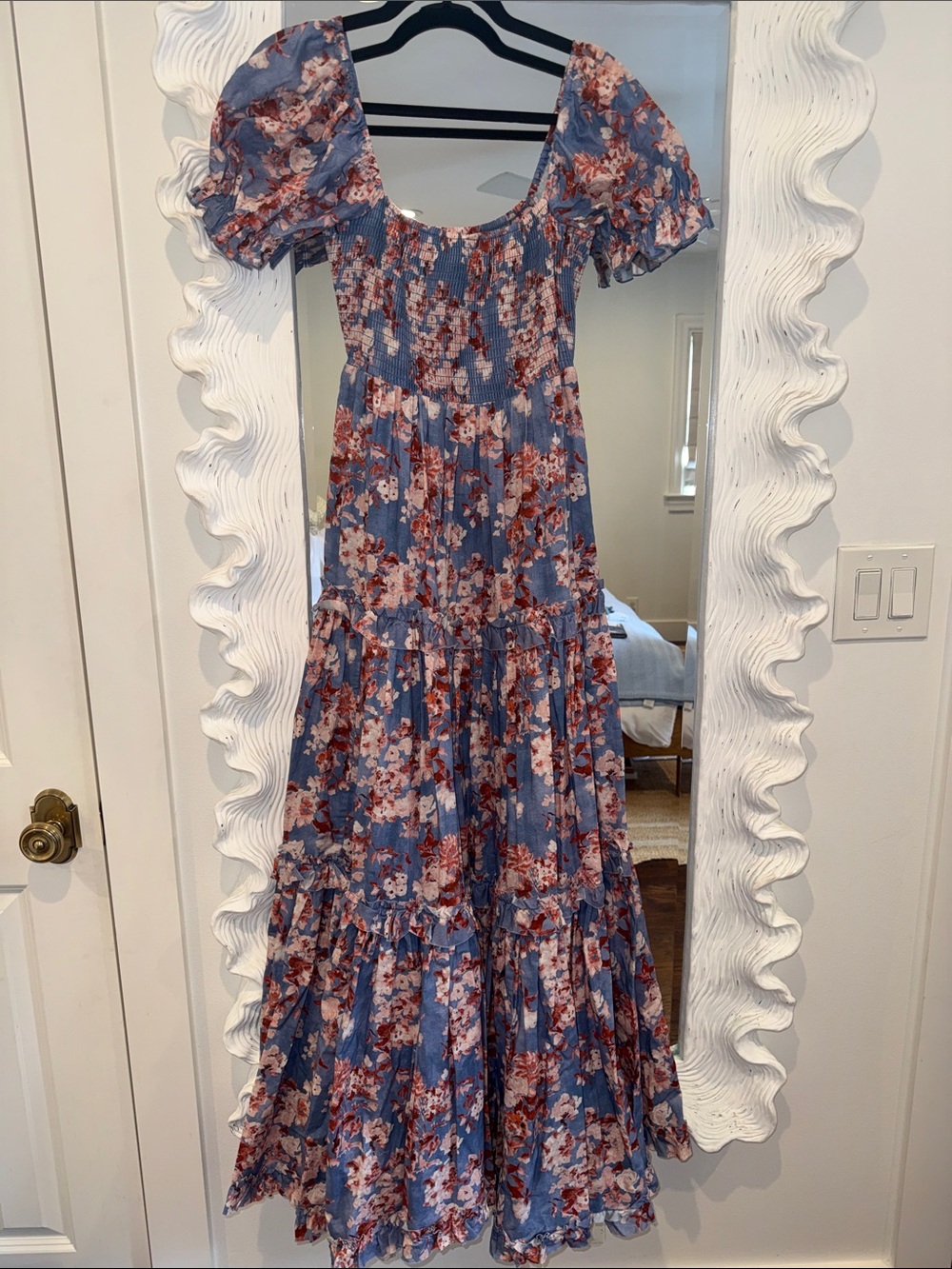 Caroline Constas Smocked puff sleeve Dress in Periwinkle and Coral Floral- sz S